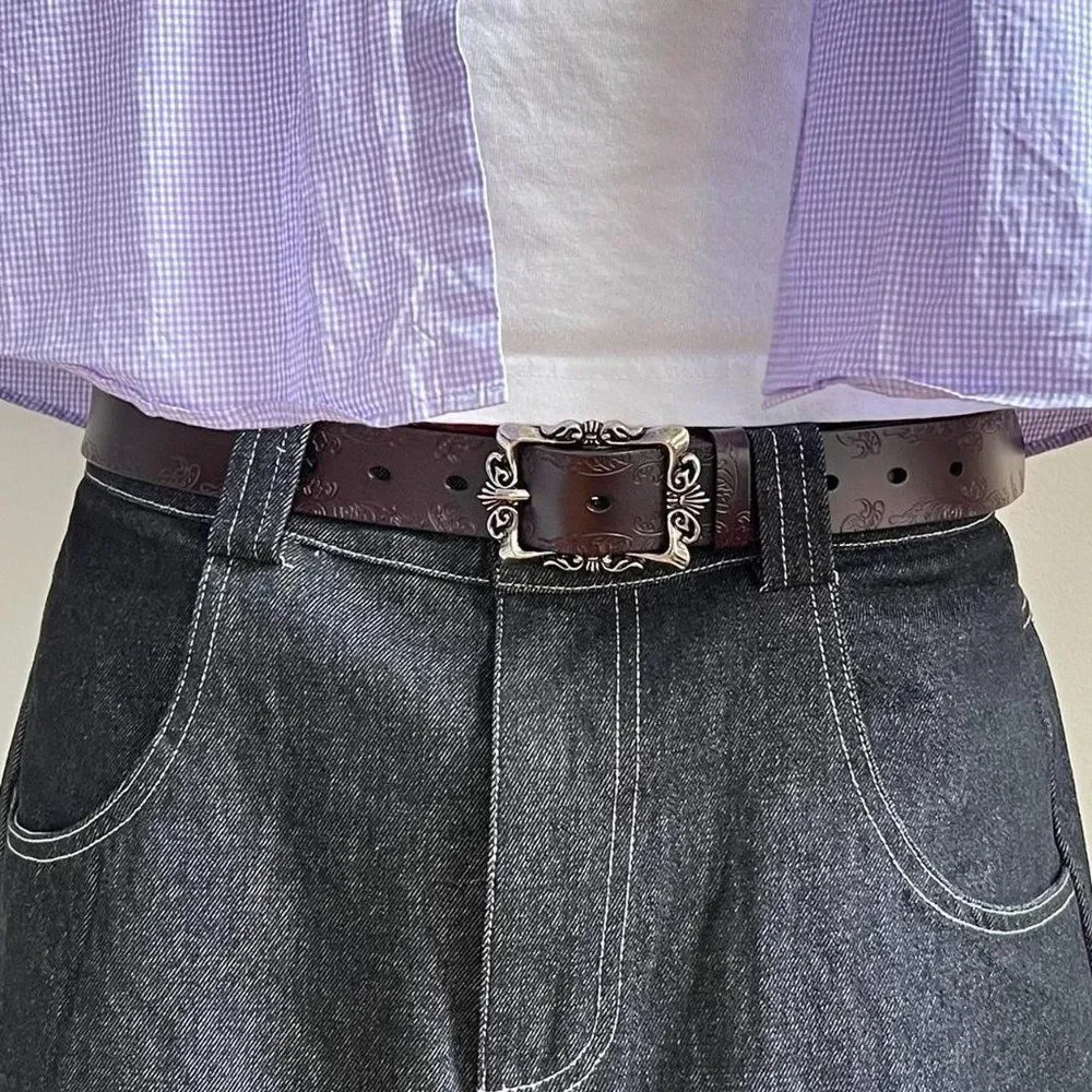 vintage style brown american western floral design belt